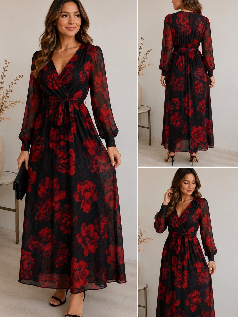 Alexa B Nites Women’s Size 8 Black Red Floral Maxi Dress Long Sleeve Belted